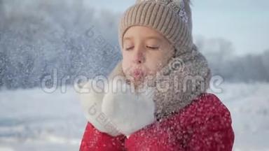 快乐的年轻女孩玩得开<strong>心</strong>，在美丽的冬日享受新鲜的雪。 戴着温<strong>暖</strong>手套的女孩吹雪。 户外<strong>活动</strong>
